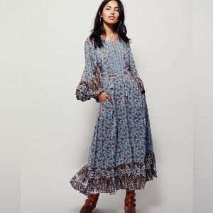 Free People All Mixed-Up Printed Dress boho pockets vintage inspired lace up